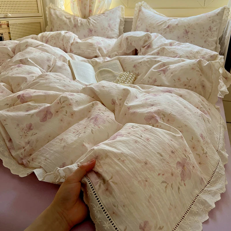 Juegos de funda nórdica de algodón lavado, juego de cama con estampado de flores individual/Queen/king, estilo princesa, funda de couette de 220x240 con encaje