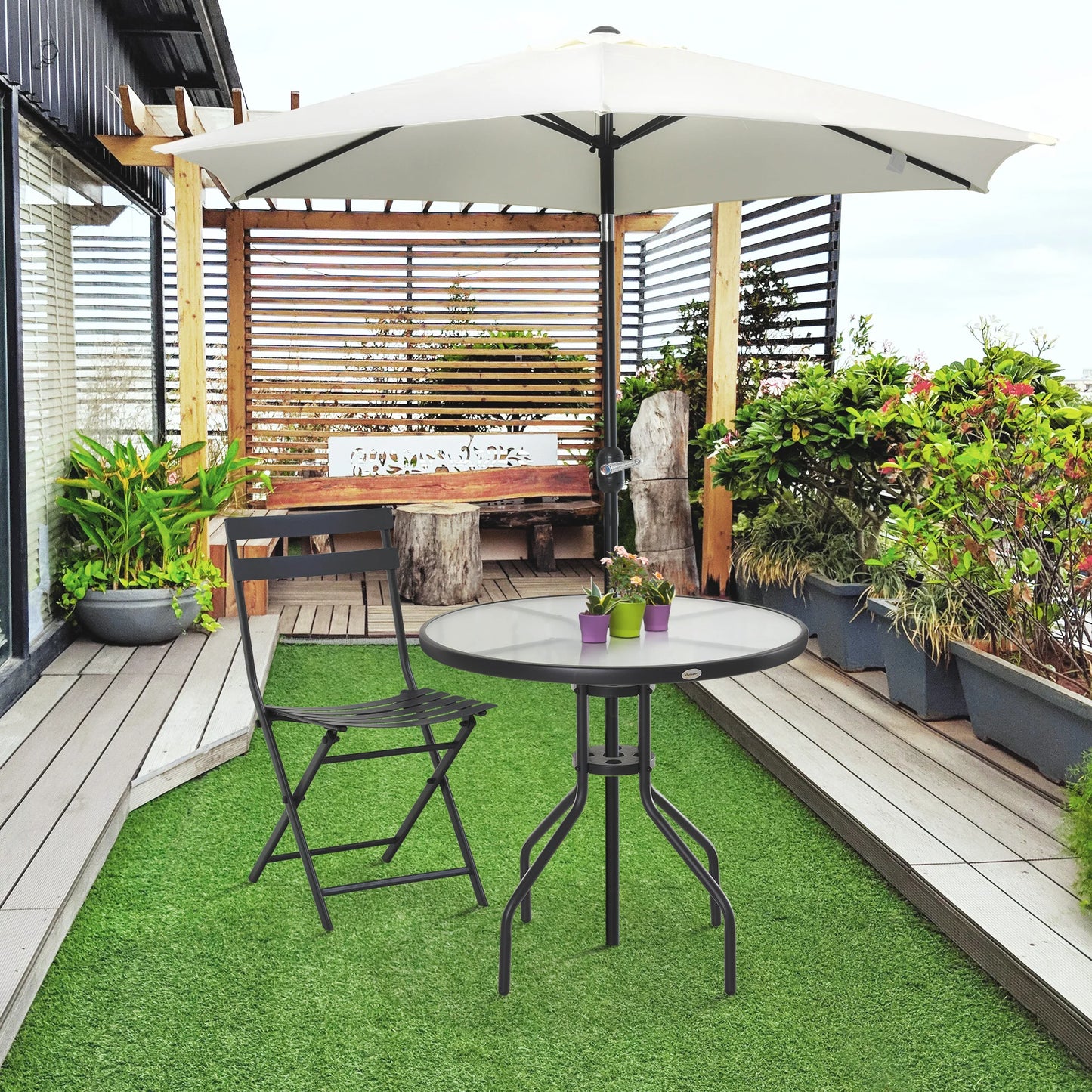 Outsunny Mesa de Jardín Redonda de Cristal con Agujero para Sombrilla Ø80x72 cm