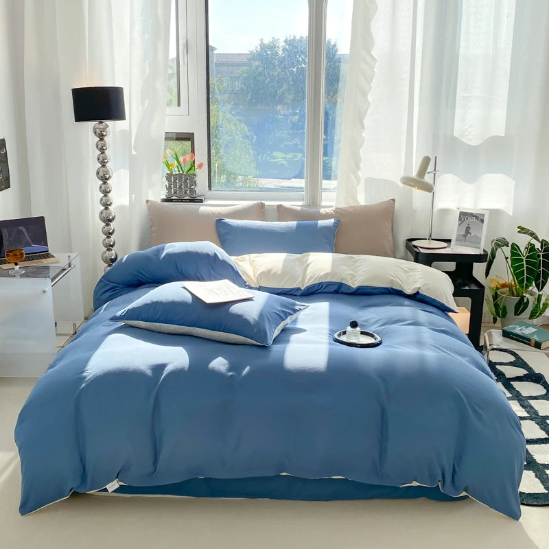 Juego de funda nórdica de Color sólido estilo Ins, ropa de cama de algodón lavada, funda de edredón, funda de almohada, juegos de cama suaves, fundas de edredón de 220x240