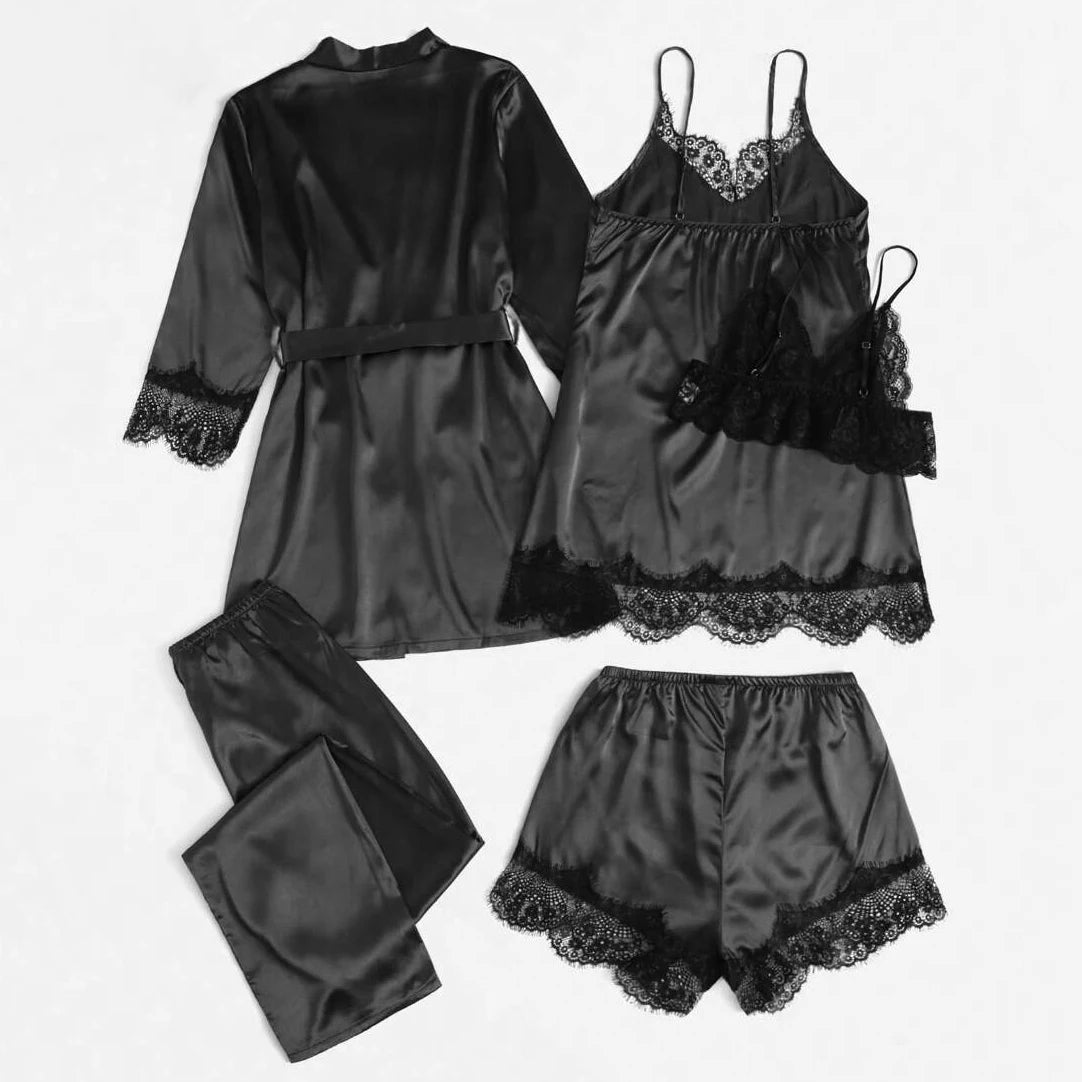 Conjunto de pijama de satén para mujer, bata de lencería Sexy, albornoz de encaje de seda, vestido de noche, pantalones, ropa de dormir para el hogar, 5 piezas
