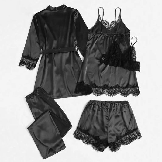 Conjunto de pijama de satén para mujer, bata de lencería Sexy, albornoz de encaje de seda, vestido de noche, pantalones, ropa de dormir para el hogar, 5 piezas
