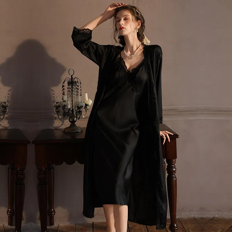 Conjunto de bata Twinset elegante para mujer, bata de baño tipo kimono largo, camisón de encaje Sexy, lencería, ropa de dormir nueva para primavera y otoño, vestido para casa