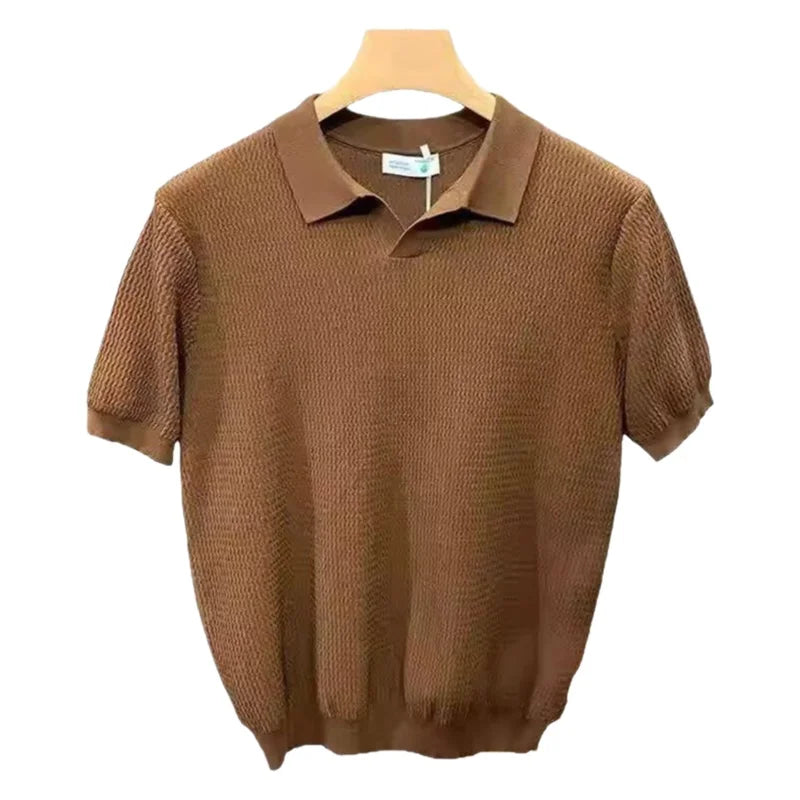 Polo de Manga Corta con Cuello en V, Corte Ajustado, de Seda Helada, para Hombre, Tejido, Estilo Veraniego, Transpirable, Lavable a Máquina, Camiseta Casual