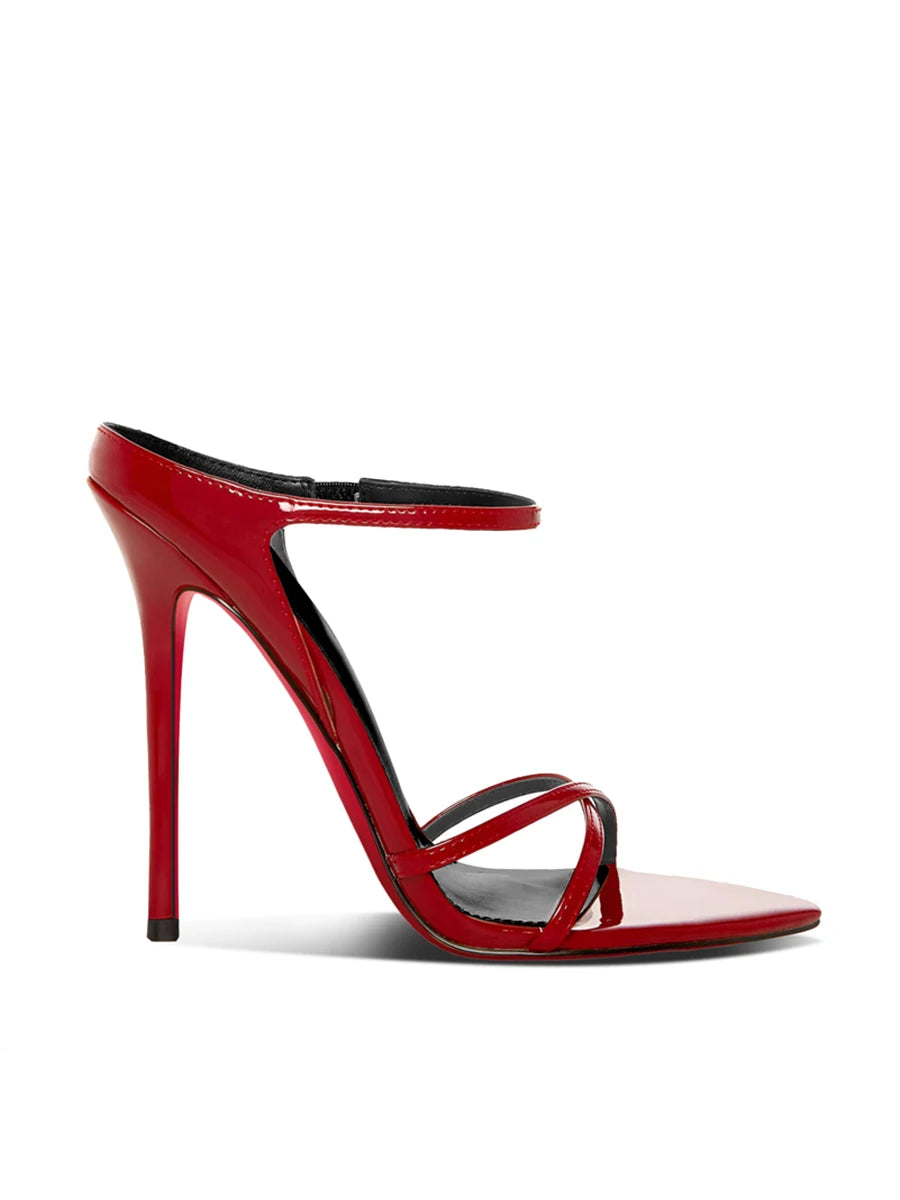 Sandalias de Tacón Delgado Negras Estilo Celebridad con un Toque Femenino, Tira Cruzada Puntiaguda, Suela Roja, Tacones Altos, Sandalias Abiertas