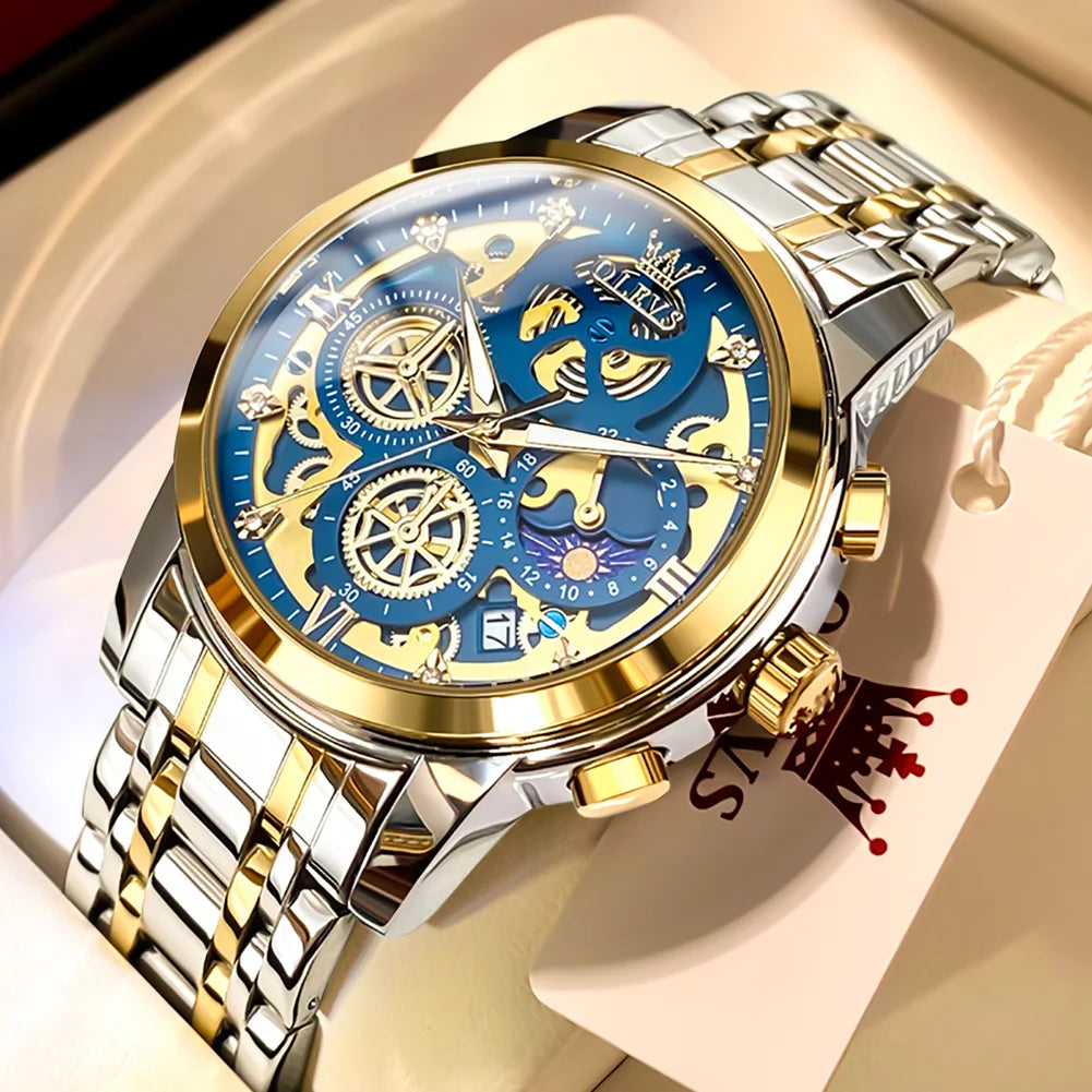 Relojes OLEVS para hombre, marca superior, reloj de cuarzo Original resistente al agua de lujo para hombre, estilo esqueleto dorado, 24 horas de día y noche, nuevo