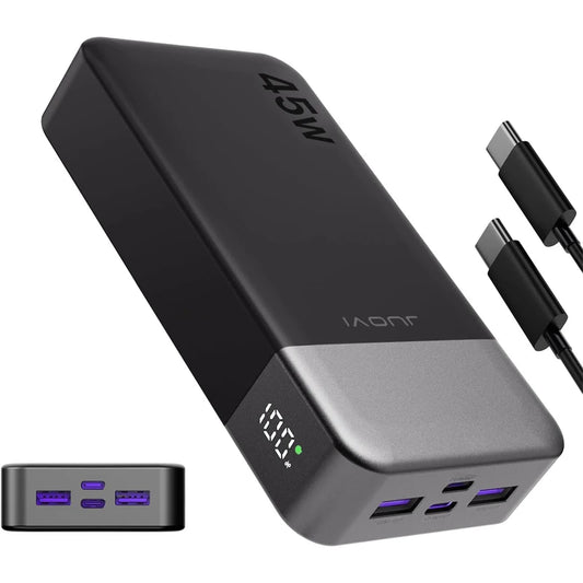 Banco de Energía JUOVI de 20000 mAh, Cargador Portátil de Carga Rápida de 45 W, Batería Externa con Pantalla LED para iPhone, Android y Laptop