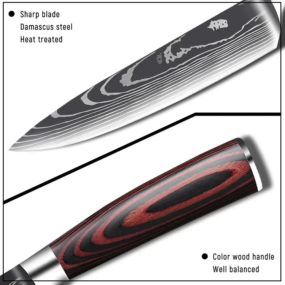 Juego de cuchillos de cocina con láser Damasco Santoku, cuchillo de utilidad, cuchillo de Chef profesional, cuchillo de carnicero, accesorios de cocina, 3 uds.