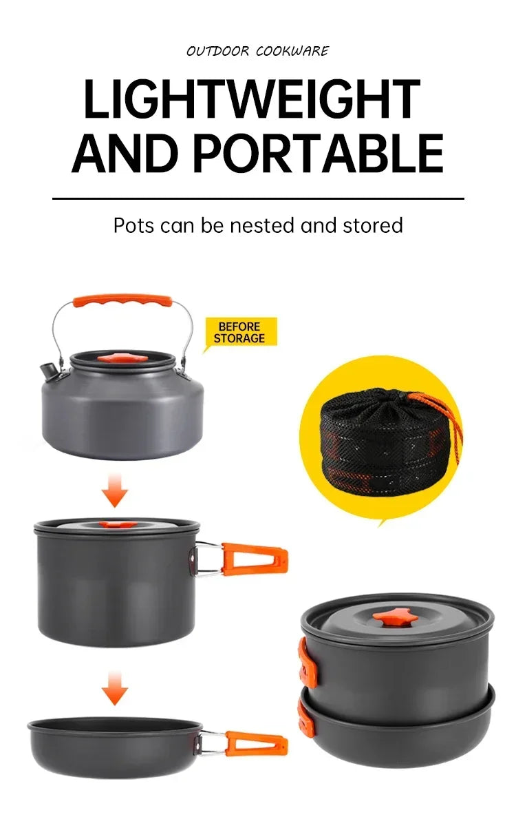 Juego de Cocina para Acampar, Juego de Utensilios de Cocina para Exteriores, Utensilios de Cocina Portátiles de Aluminio, Ollas, Tazones, Hervidores, Equipo para Picnic y Senderismo