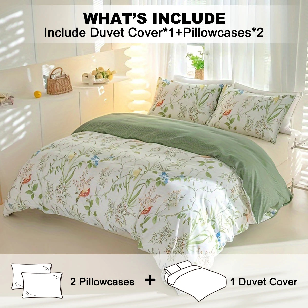 Juego de funda nórdica con estampado floral de hojas, 3 unidades/juego (1 funda nórdica y 2 fundas de almohada), juego de ropa de cama suave y agradable para la piel