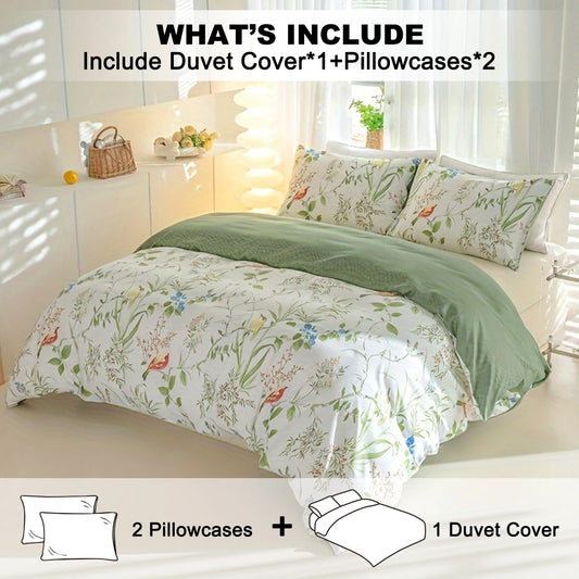 Juego de funda nórdica con estampado floral de hojas, 3 unidades/juego (1 funda nórdica y 2 fundas de almohada), juego de ropa de cama suave y agradable para la piel