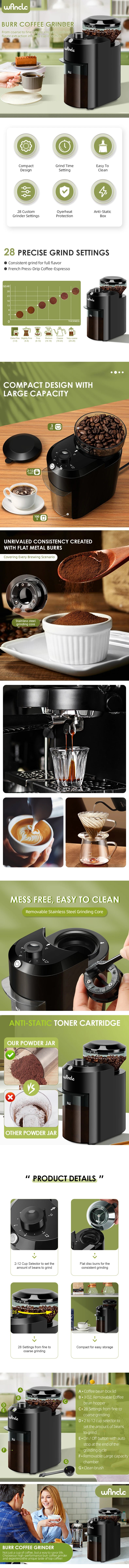 Molinillo de café eléctrico Wancle, molinillo de rebaba ajustable, molinillo de café cónico con 28 ajustes de molienda precisos, 220V/120V