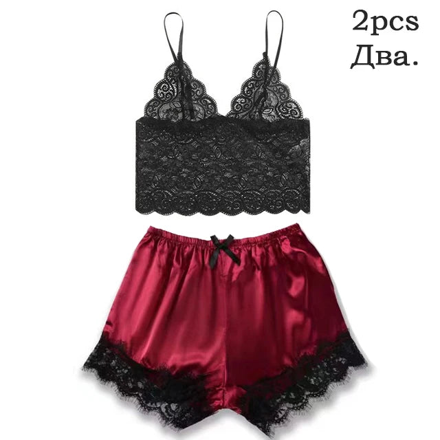 Conjunto de pijama de satén para mujer, lencería Sexy rosa, bata de baño de encaje de retazos, vestido de noche de seda, pantalones, ropa de dormir para el hogar