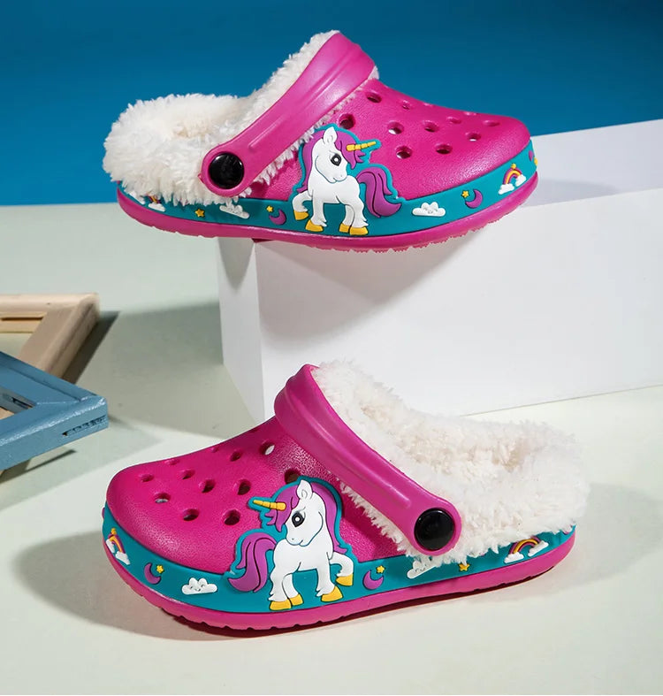 Sandalias de invierno para niños, zapatillas de piel para niños, zapatos para niñas, zuecos antideslizantes, sandalias bonitas de dibujos animados para niñas, zapatos para niños