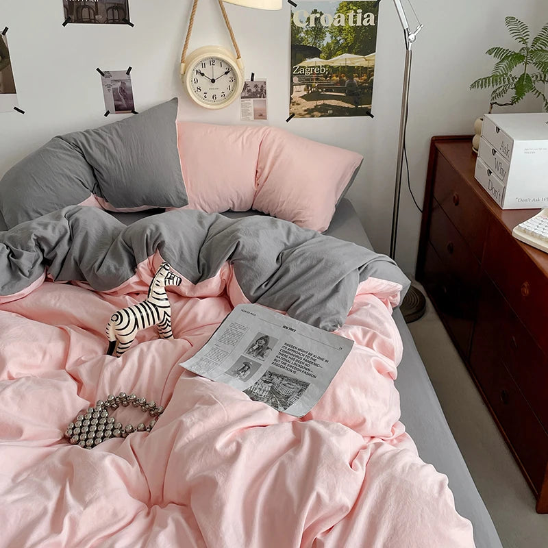 Funda nórdica de poliéster para dormitorio, juego de ropa de cama de 3 piezas, Color liso, rosa y gris, 2 fundas de almohada