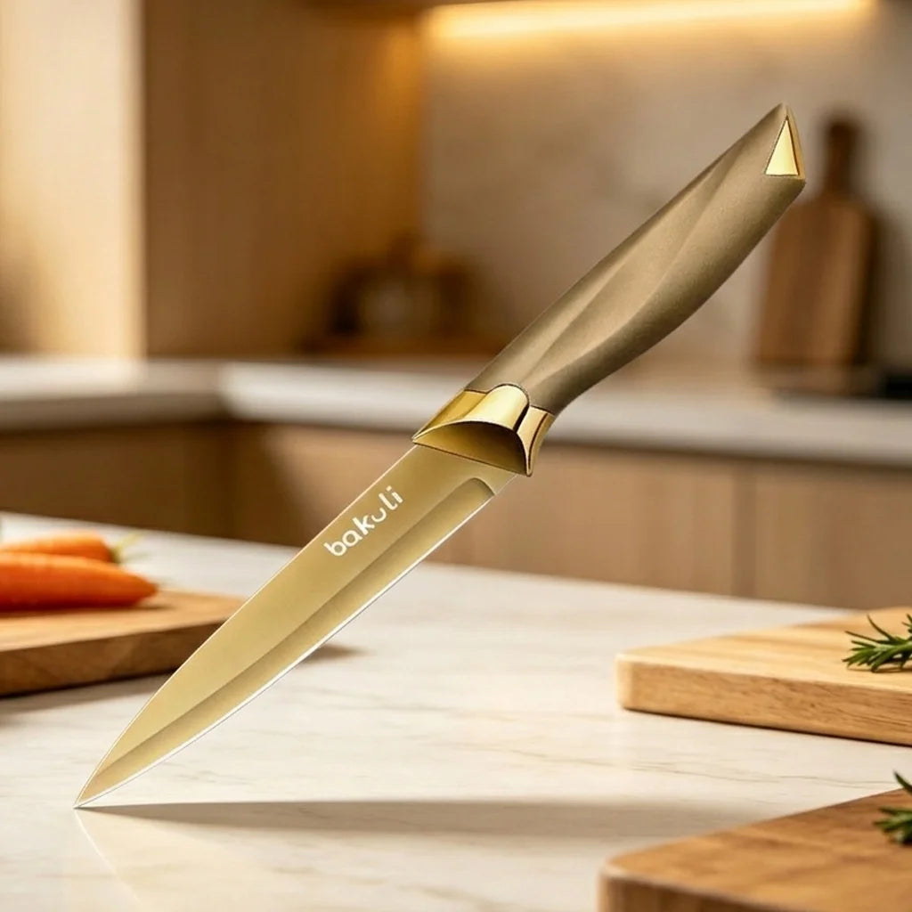 Juego de Cuchillos de Cocina Dorados de 4 Piezas, Hojas con Revestimiento de Titanio Antiadherente, Mango Ergonómico, Cuchillo de Chef, Cuchillo Multiusos, Cuchillos para Frutas para el Hogar