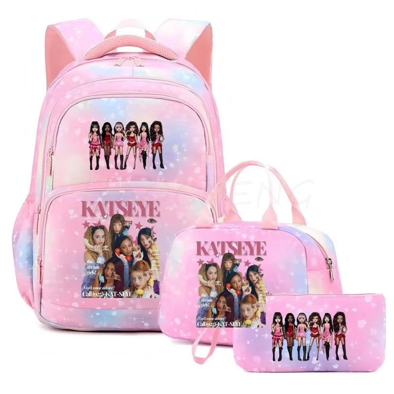 Mochila Katseye para mujer, 3 unidades/juego, mochila escolar para estudiantes, mochila de viaje al aire libre de gran capacidad, mochila escolar para estudiantes con dibujos animados