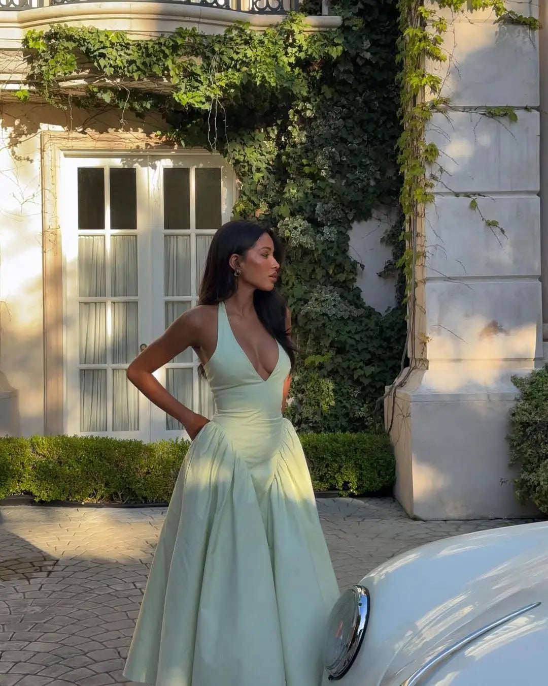 YENKYE-vestido Sexy con espalda descubierta para mujer, vestido verde elegante con cuello Halter, cintura baja, corte en A, Midi, vestidos de fiesta de noche de verano, bata de algodón
