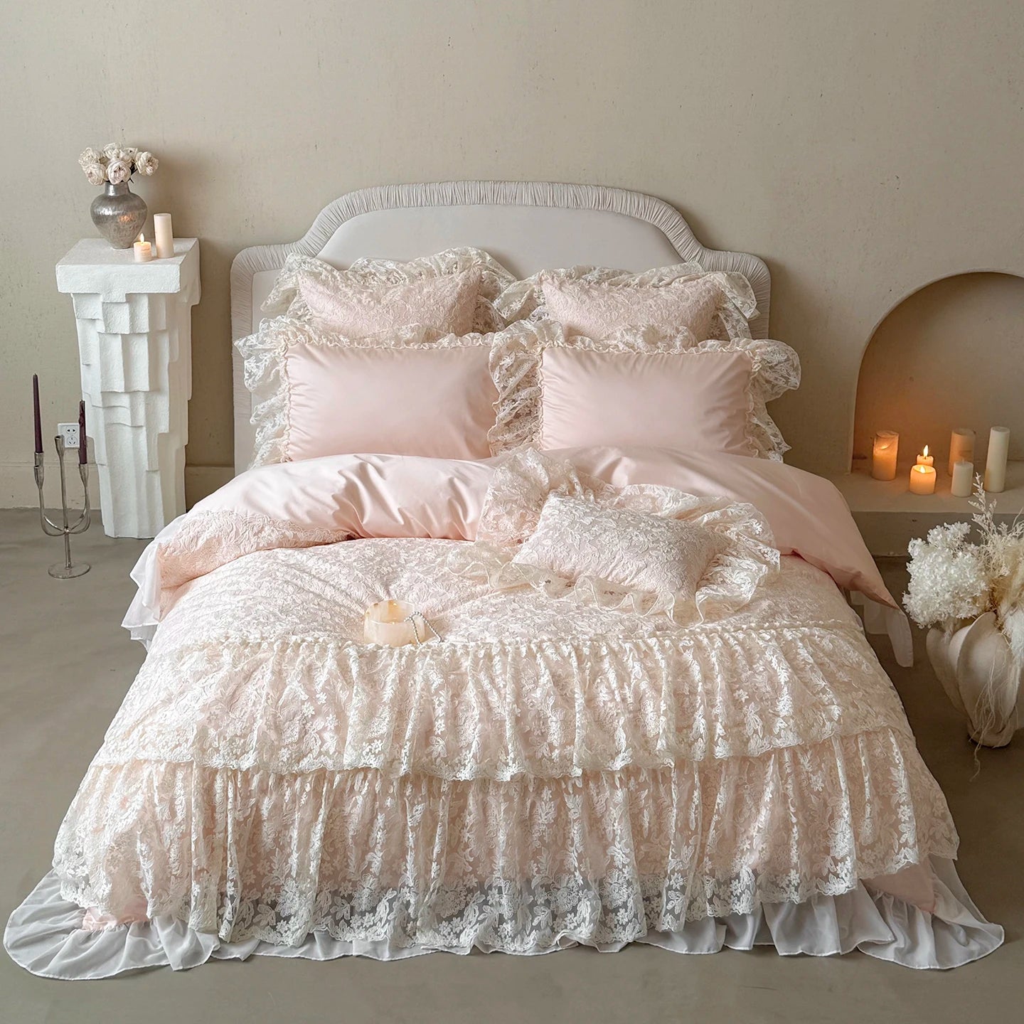 Juego de Ropa de Cama de Algodón Egipcio Beige, Juego de Funda Nórdica con Bordado de Encaje de Lujo, Sábanas y Fundas de Almohada, Textiles para el Hogar