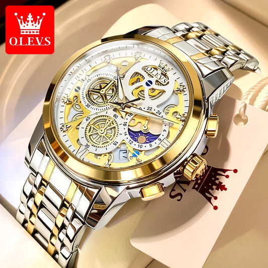 Relojes OLEVS para hombre, marca superior, reloj de cuarzo Original resistente al agua de lujo para hombre, estilo esqueleto dorado, 24 horas de día y noche, nuevo