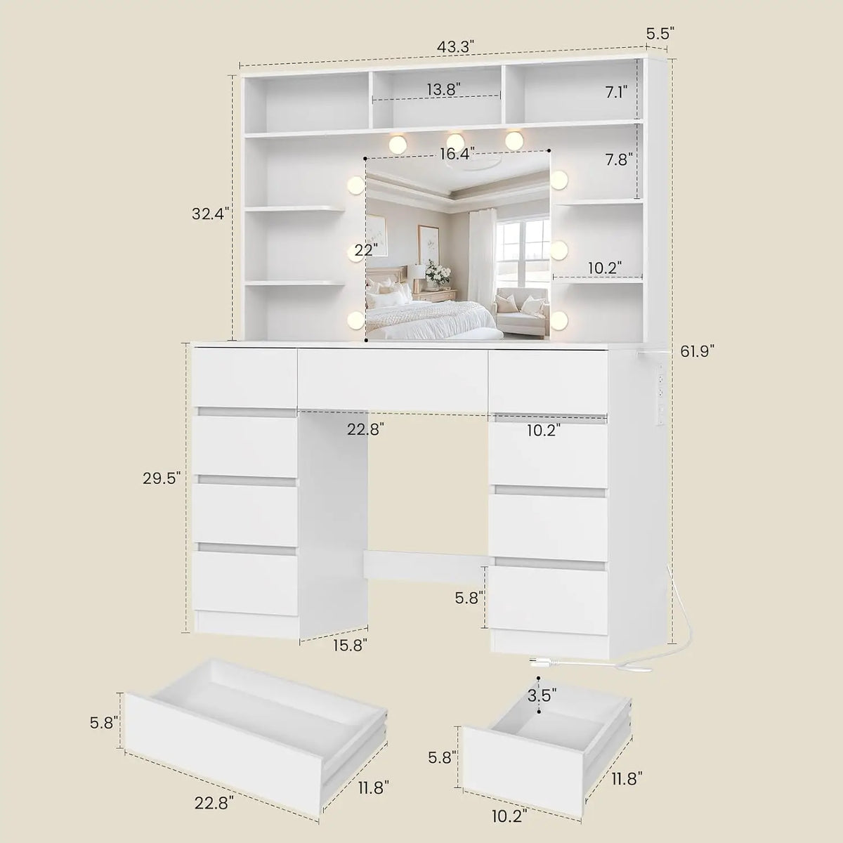 Tocador con espejo y luces, 9 cajones, 7 estantes, blanco, mesa de maquillaje de 43 pulgadas, USB y enchufes