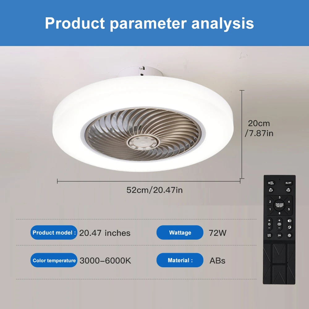 Ventilador de techo inteligente con luces, Control remoto, decoración de dormitorio, lámpara de ventilador, aspas invisibles de aire silenciosas de 52cm
