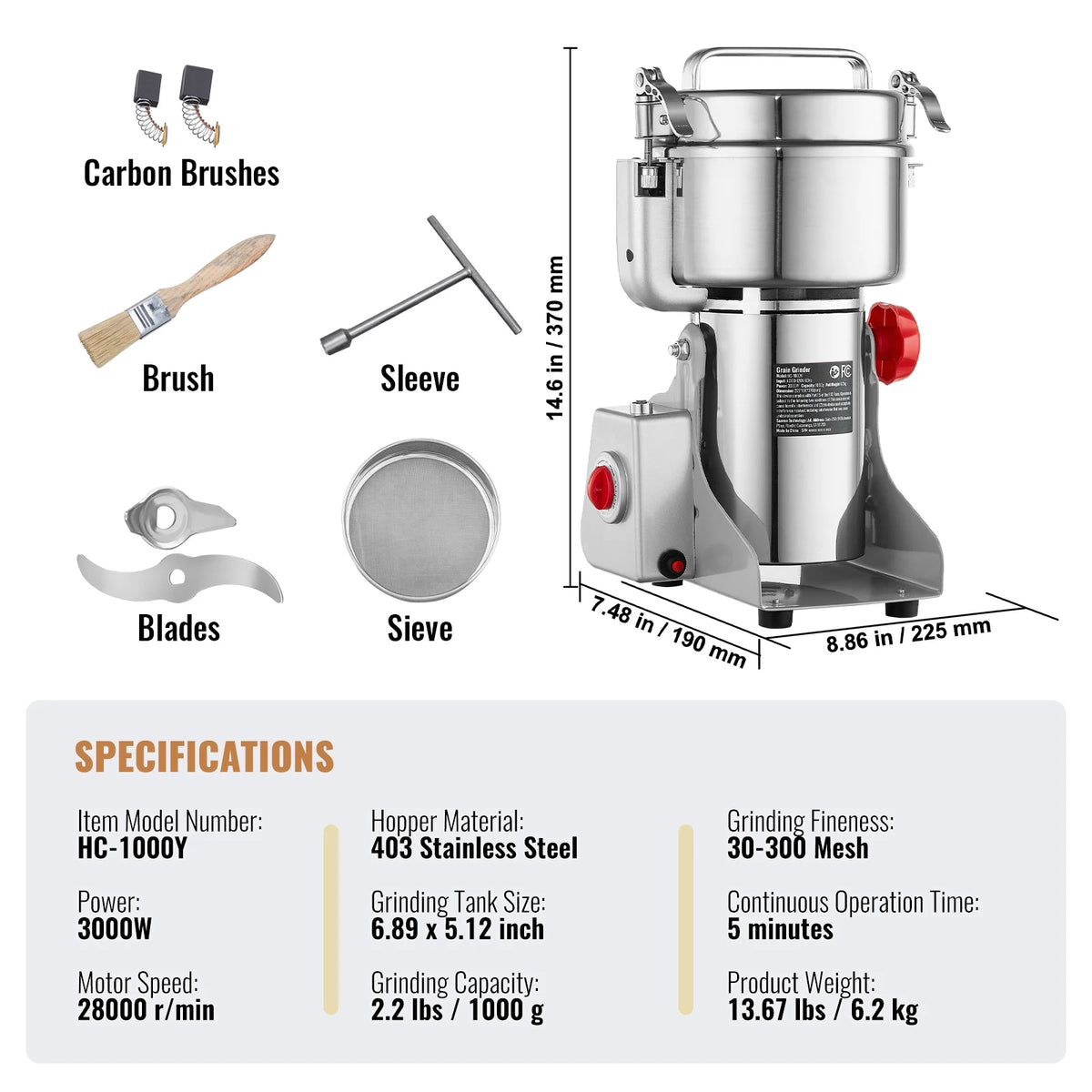 SucceBuy-molinillo de granos eléctrico, molinillos de especias oscilantes comerciales para hierbas secas, granos, especias, cereales, café y maíz, 150-2500g