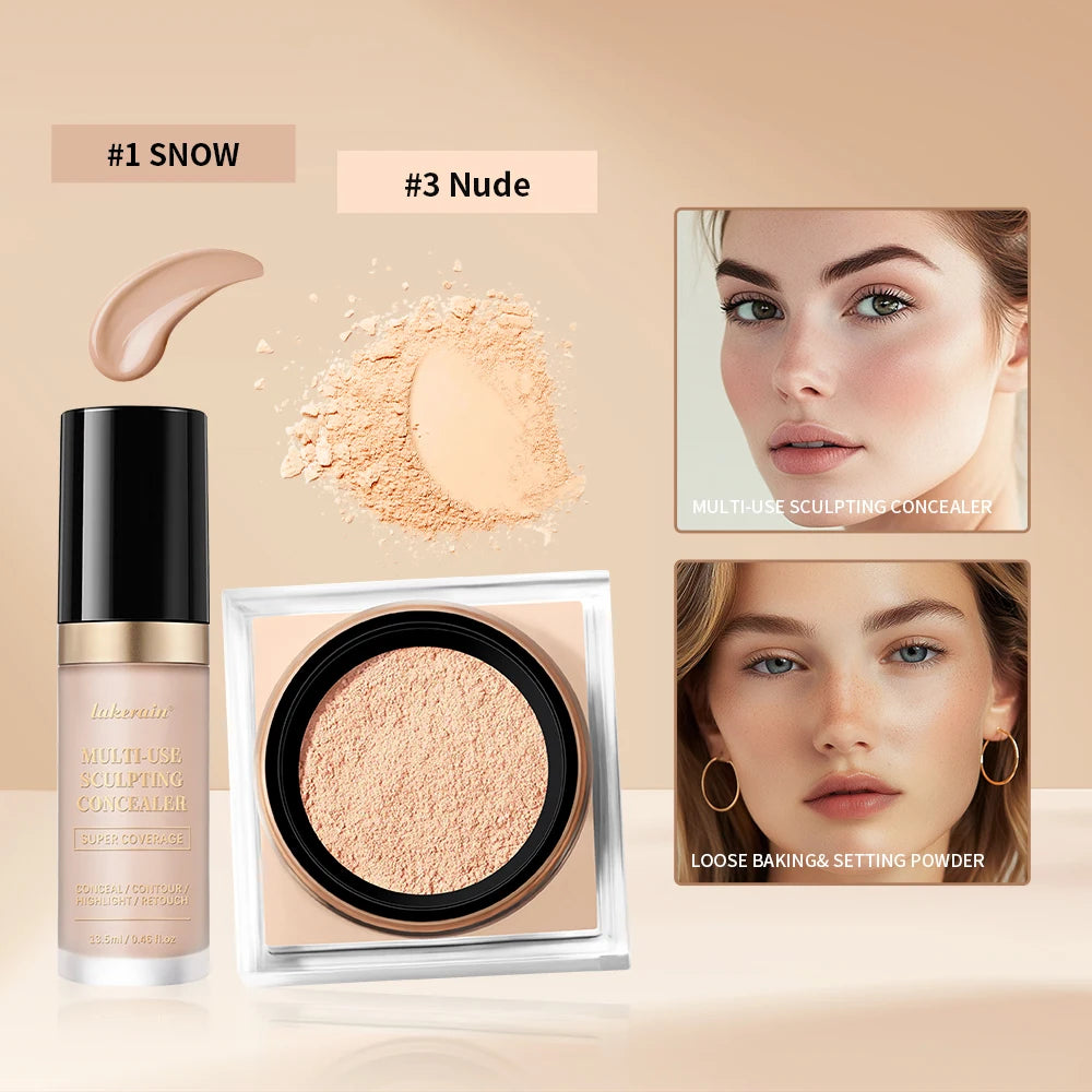 Juego de maquillaje facial de 2 piezas con corrector y polvo fijador suelto, acabado mate natural para el rostro, cosméticos para mujer, maquillaje coreano