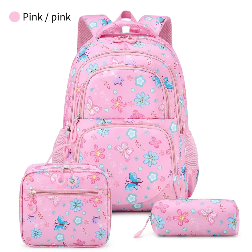 Juego de 3 Piezas de Mochila Escolar para Niños con Estampado de Mariposas y Flores, Resistente al Agua, Ligera, con Lonchera Aislada y Estuche para Lápices