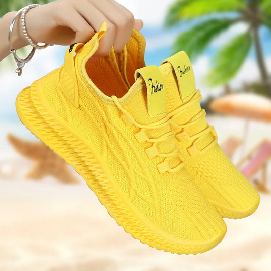 Zapatillas amarillas para mujer, zapatillas de deporte de malla transpirable, ligeras, informales, para primavera, nuevas, para tenis