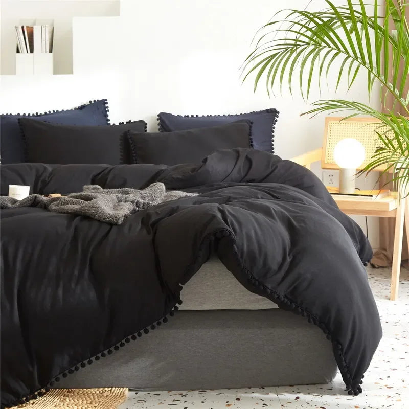 Funda de edredón suave y lavada, Juego de 3 piezas, funda de almohada, juego de ropa de cama para Twin, Full, Queen, King Size, decoración de pompones