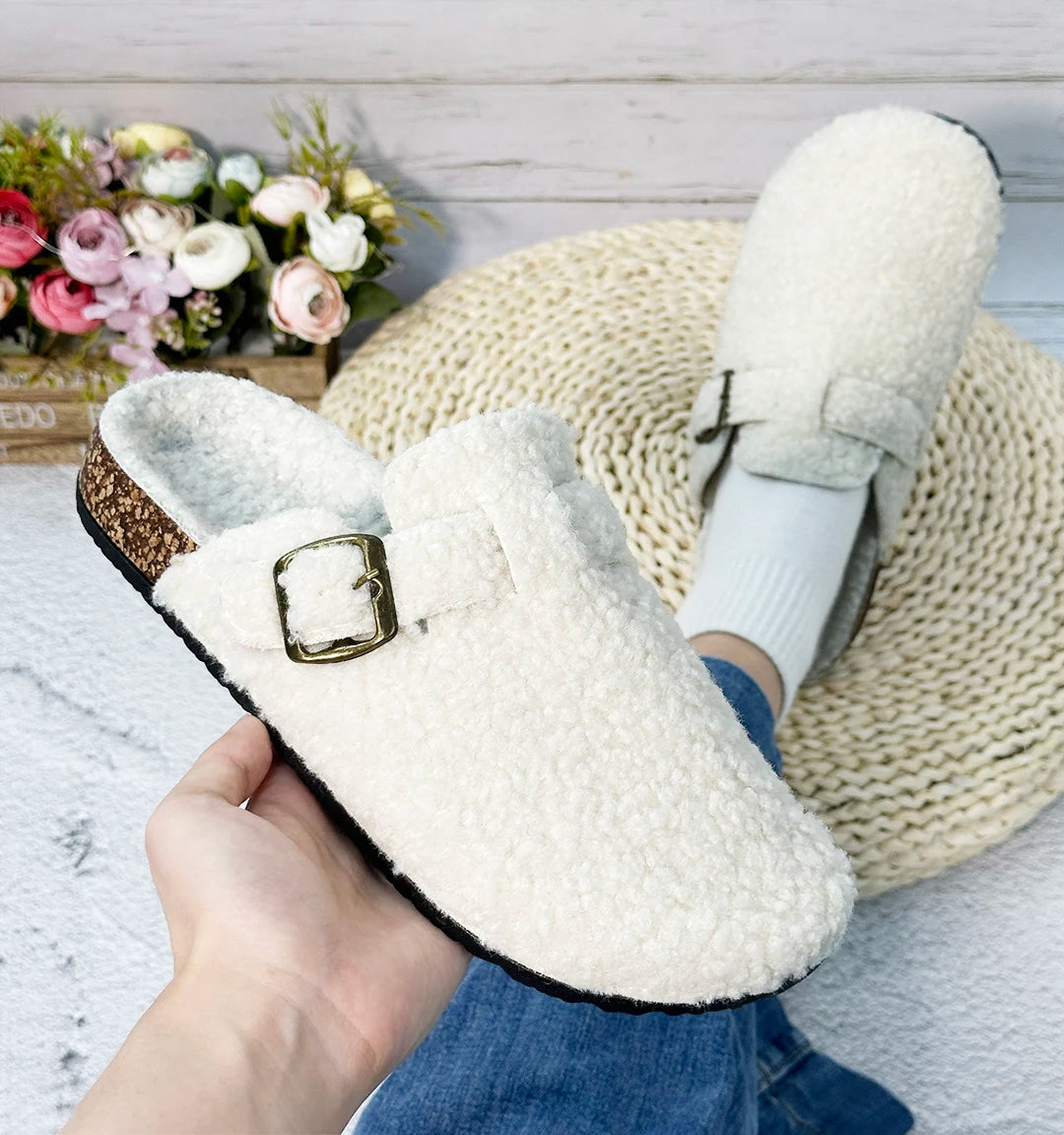 Otoño e Invierno nuevas mujeres y hombres tela de gamuza zapatilla de punta cerrada interior o exterior Slip-on Retro Sandalias planas duraderas