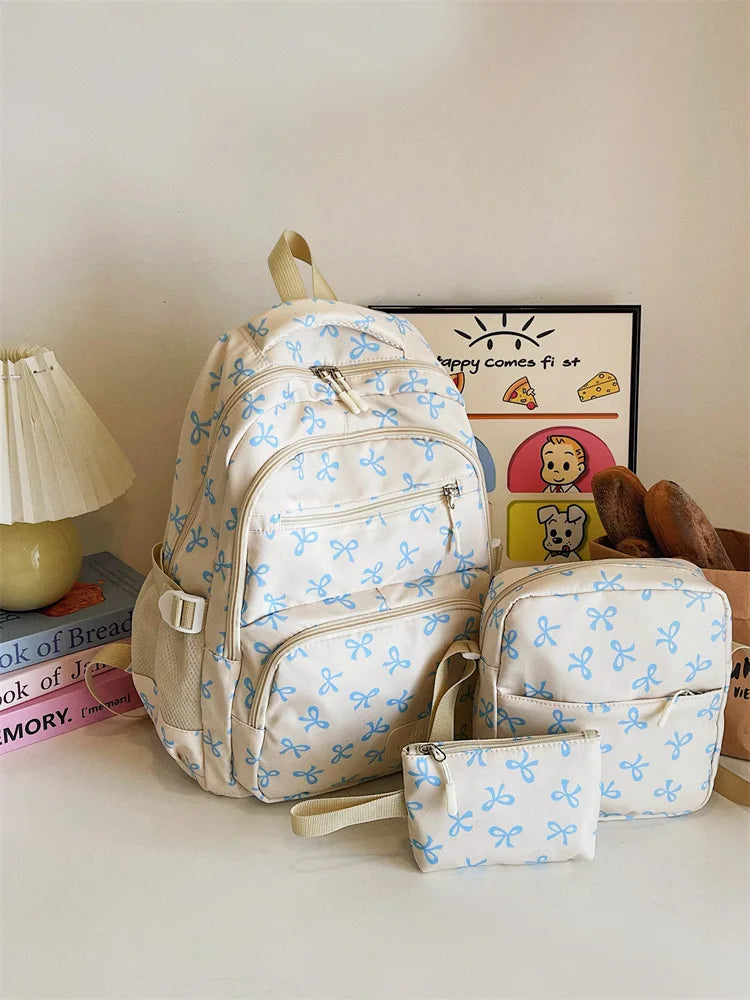 Juego de 3 Bolsas Escolares con Lazo, Mochila de Gran Capacidad, Mochila Casual de Viaje, Mochila Versátil, Bolsa Cruzada, Bolsas para Niñas