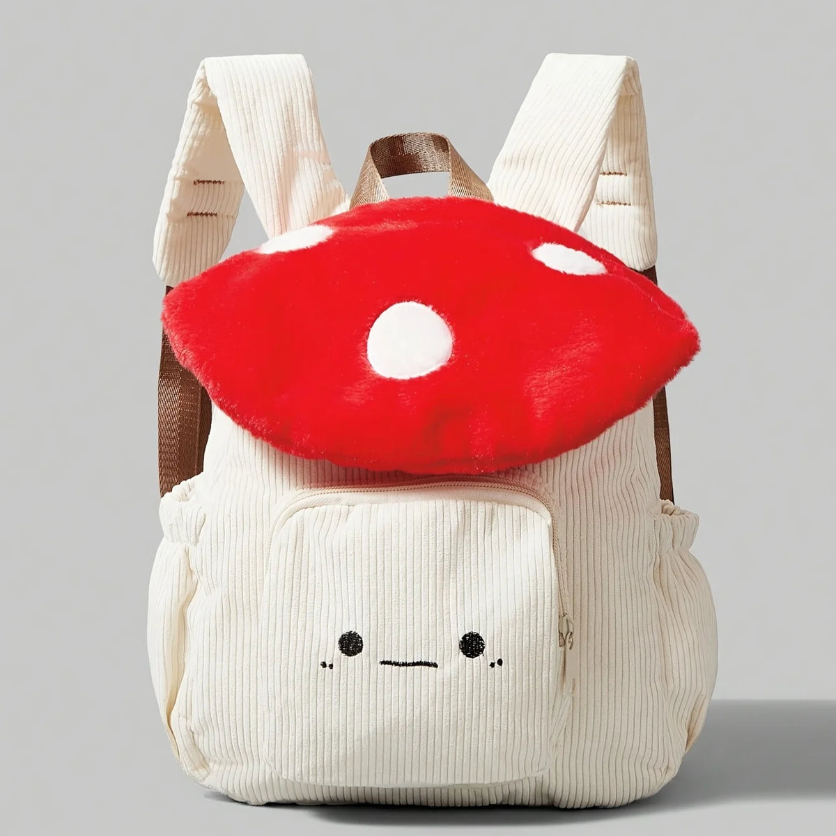 Mochila Kawaii de felpa con forma de seta para mujer, bolso de mano bonito con correas ajustables, cierre de cremallera, mochilas de estudiante de pana roja/blanca