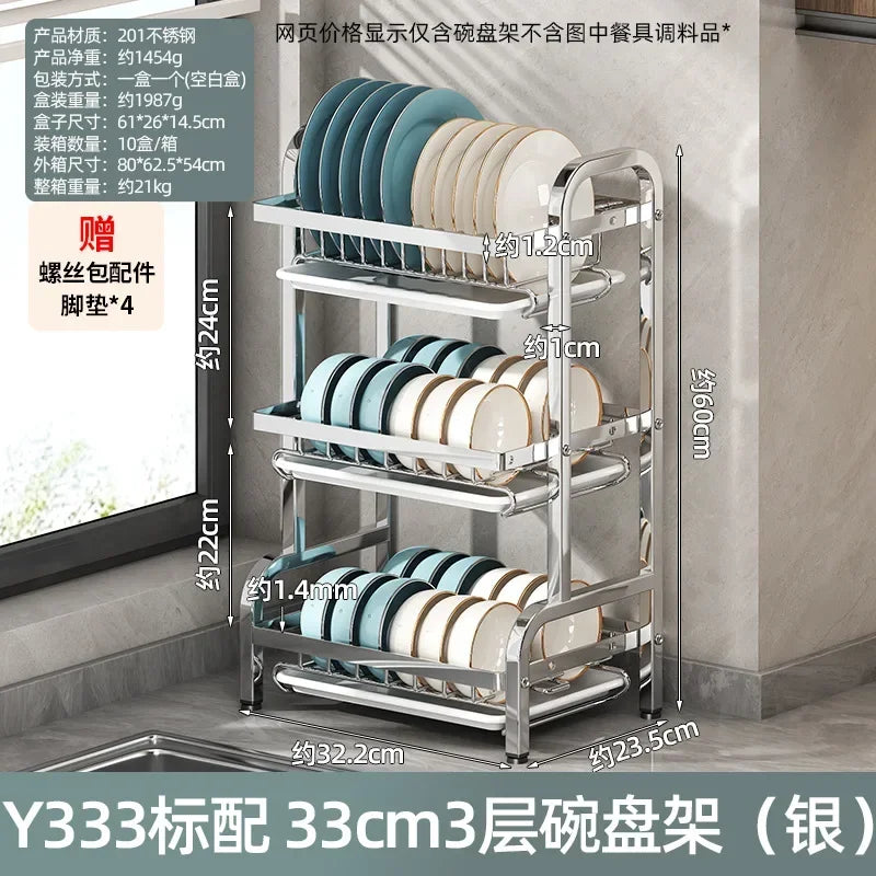Estante para vajilla de 3 niveles, secado de platos de acero inoxidable 304 con bandeja, soporte de almacenamiento para mostrador de cocina con organizador de tabla de cortar