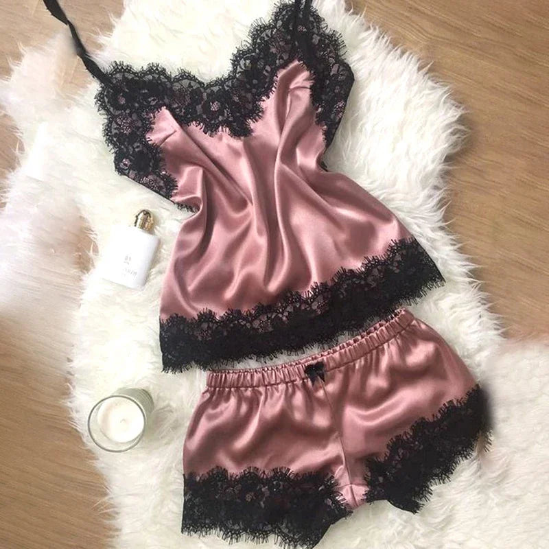 Conjunto de pijama de satén de encaje para mujer, ropa de dormir con cuello en V, lencería Sexy elástica, chaleco con tirantes, Top, pijama, pantalones cortos para dormir, conjunto de ropa de dormir