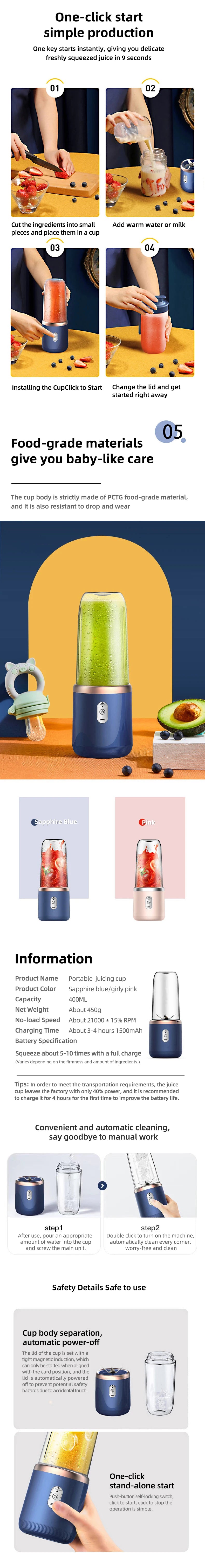 Licuadora Portátil Eléctrica con 6 Cuchillas, Multifuncional, para Jugos, Smoothies, Hielo y Procesamiento de Alimentos