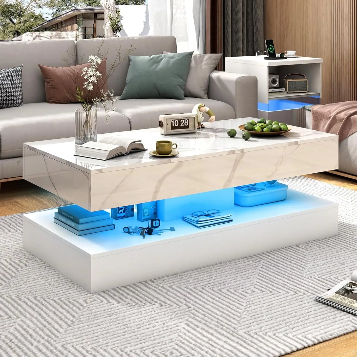 Mesa de Centro Moderna y Elegante con Luces LED, Diseño de Doble Capa para Sala de Estar con 2 Cajones de Almacenamiento