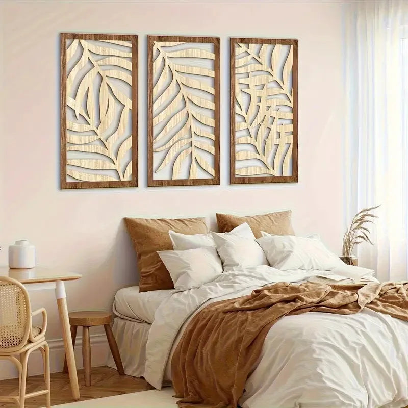 3 uds. Decoración de pared de madera tallada de hojas abstractas modernas, arte de madera hueco de Palma Tropical, decoración del hogar