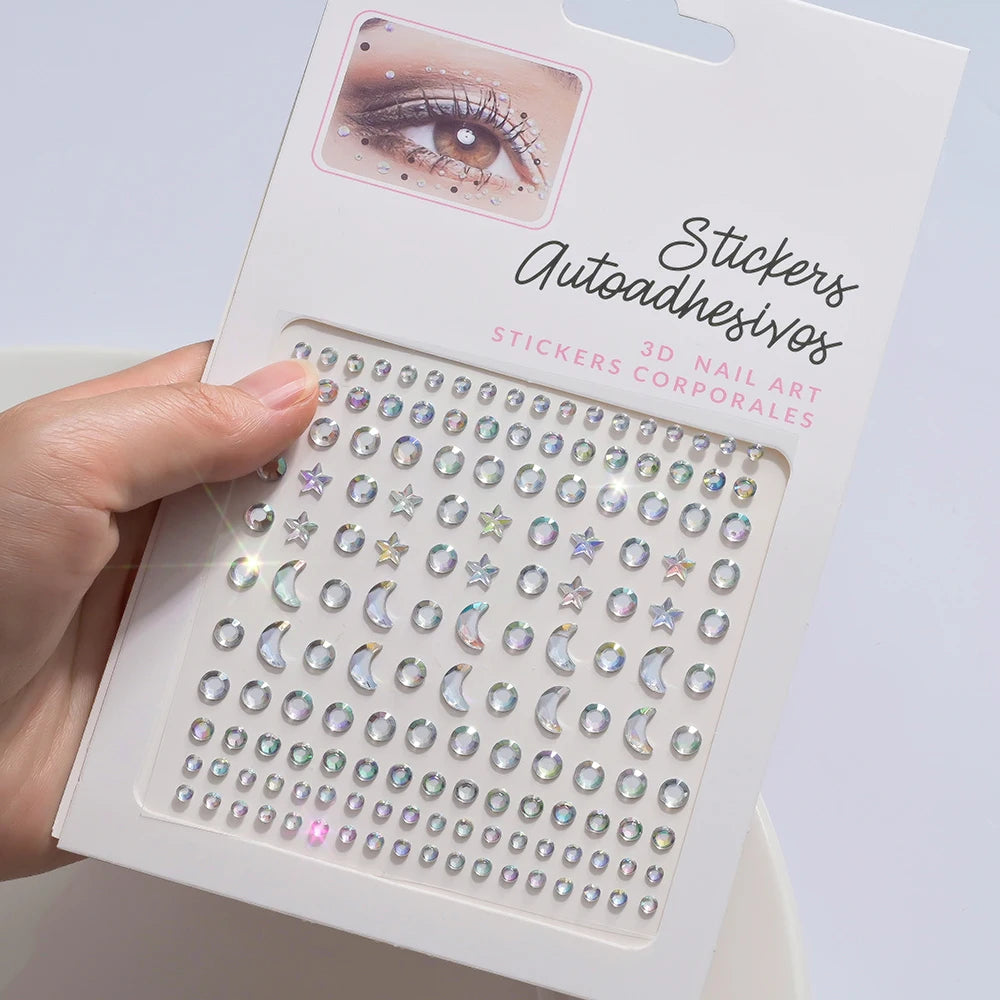 1 unidad 3D Y3K plata Aurora Luna estrella cara gemas joyas pegatinas de diamantes de imitación autoadhesivo cristal maquillaje diamantes tatuajes decoración
