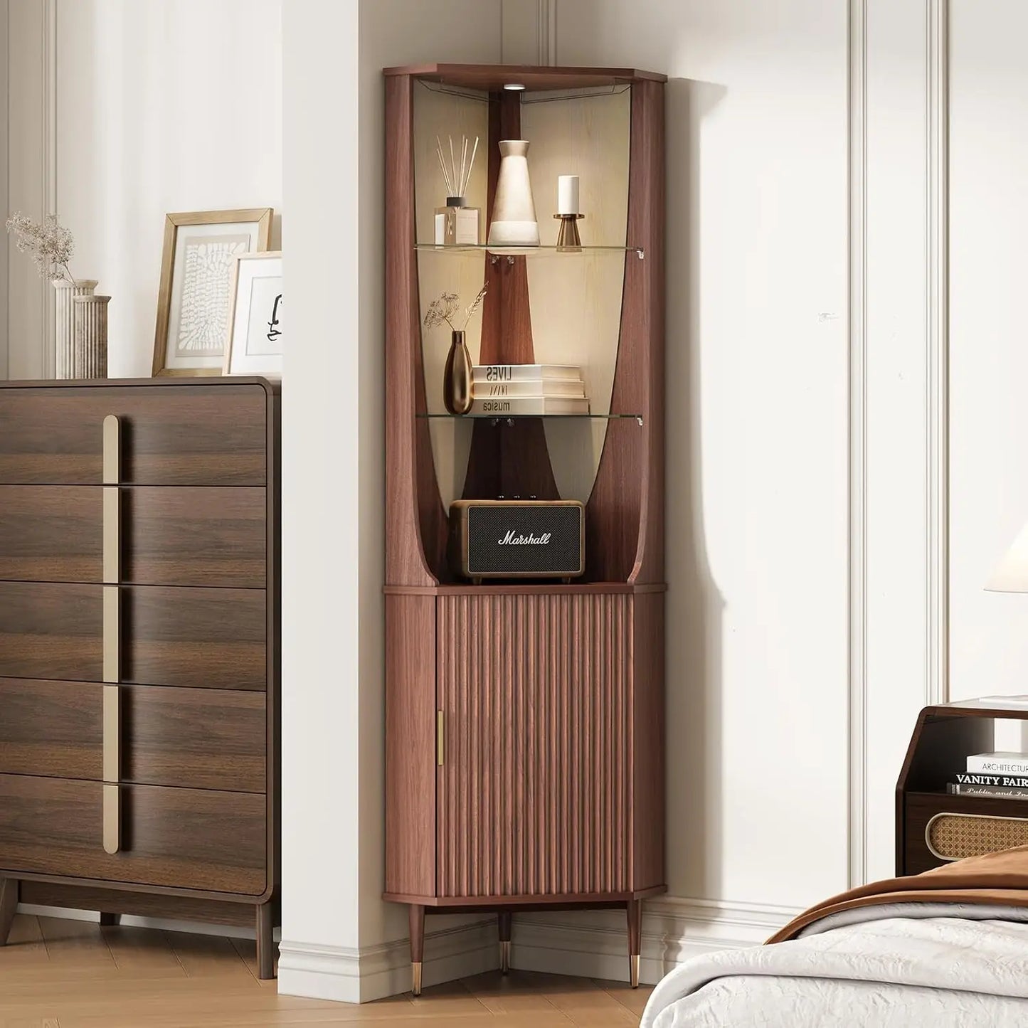 Mueble Bar Esquinero de 70 Pulgadas de Alto, Estilo Moderno de Mediados de Siglo, con Estantes de Vidrio, Puerta e Iluminación LED, Personalizable