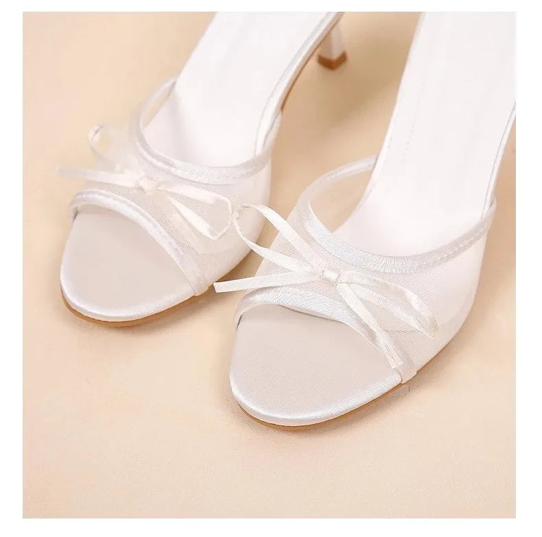 Sandalias de verano para mujer, tacones altos elegantes a la moda, zapatillas con punta abierta y nudo de mariposa de alta calidad, zapatos de tacón de diseñador de marca para mujer