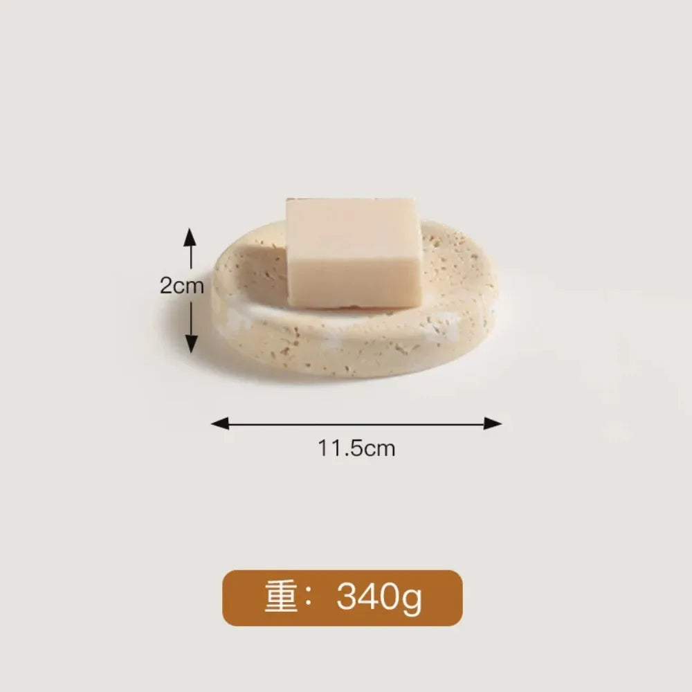 Juego de baño de travertino: jabonera con drenaje, dispensador de jabón líquido, dispensador de emulsión, dispensador de jabón en barra, caja de jabón, vaso para enjuague bucal y bandeja.