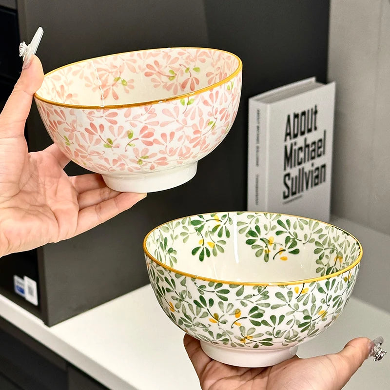 Cuenco de cerámica de gran capacidad de 6 pulgadas con patrón de flores para las cuatro estaciones, para fideos, sopa, ensalada, Pasta, apto para microondas/lavavajillas