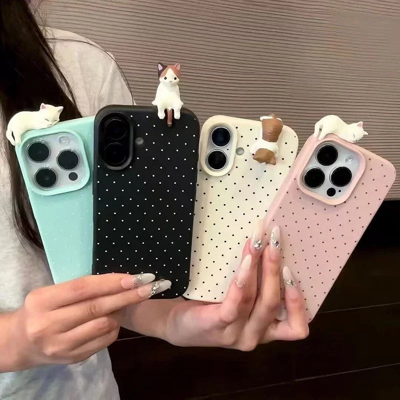 Funda de teléfono coreana con diseño de lunares para iPhone 17 Pro Max 16 15 14 Plus 13 12 11 X XR XS Max 16E 17Air, funda de gato de dibujos animados 3D