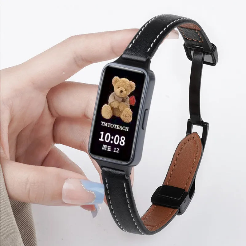 Correa de cuero magnética para Huawei Band 10, 9, 8, NFC, repuesto deportivo suave, Correa transpirable, pulsera, accesorios