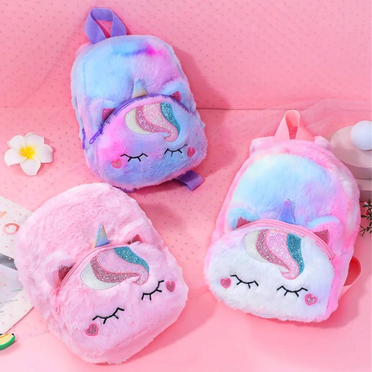 Nueva mochila transfronteriza de dibujos animados de unicornio de peluche para niños, mochila, mochila pequeña para chica bonita, mochila escolar