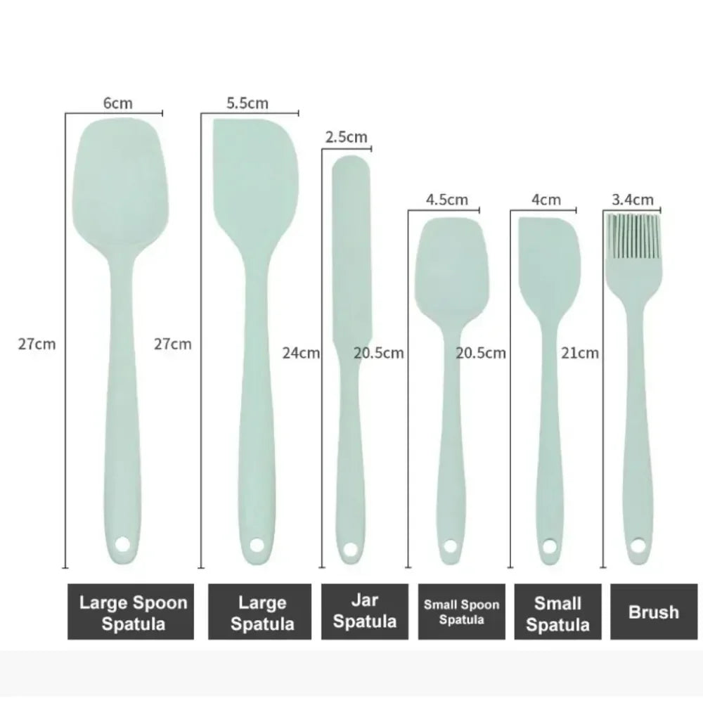 Juego de utensilios de cocina de silicona de 6 piezas, espátula integrada color crema, cepillo para aceite, juego de espátulas de diferentes tamaños