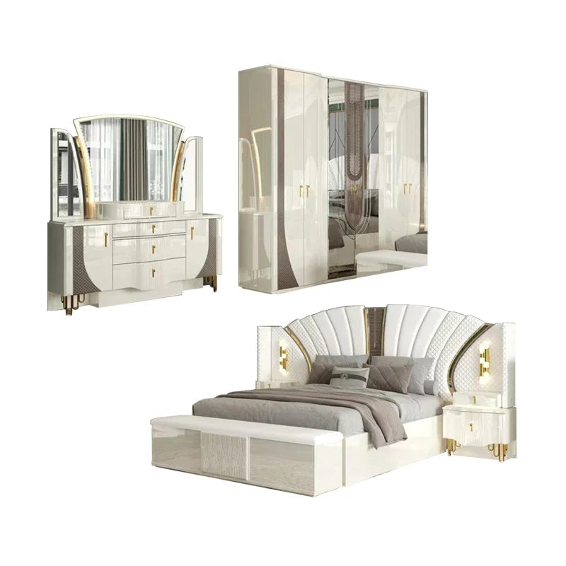 Juego de cama doble King Size con marco de madera dorada de lujo real, Villa para el hogar, diseño moderno clásico, juegos de dormitorio completos de madera, muebles