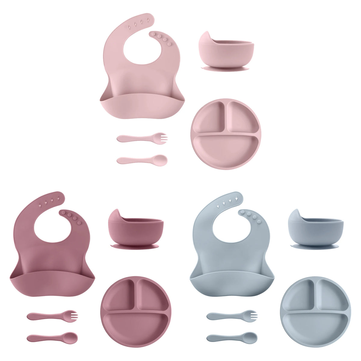 Juego de alimentación de silicona para bebé, plato de comedor redondo, cuenco con ventosa, platos para niños, babero impermeable, cuchara, vajilla para niños, 5 uds.