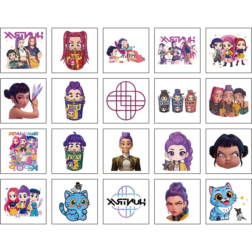 20 piezas/set de pegatinas de tatuajes temporales de dibujos animados Kpop Damon Hunters Rumi Kang, pegatinas de tatuajes de demonios Rumi para regalos de fiesta